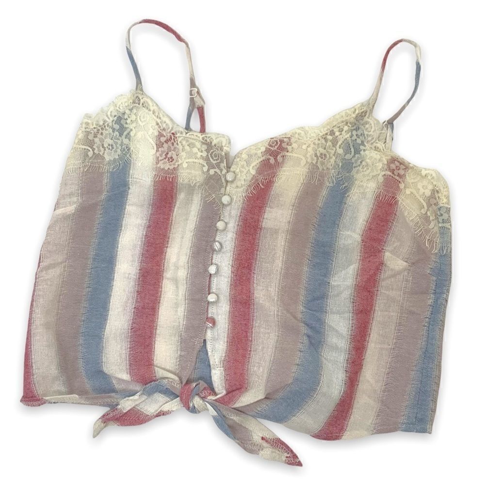Mustard Seed Spaghetti Strap Cropped Lace Trimmed Linen Camisole